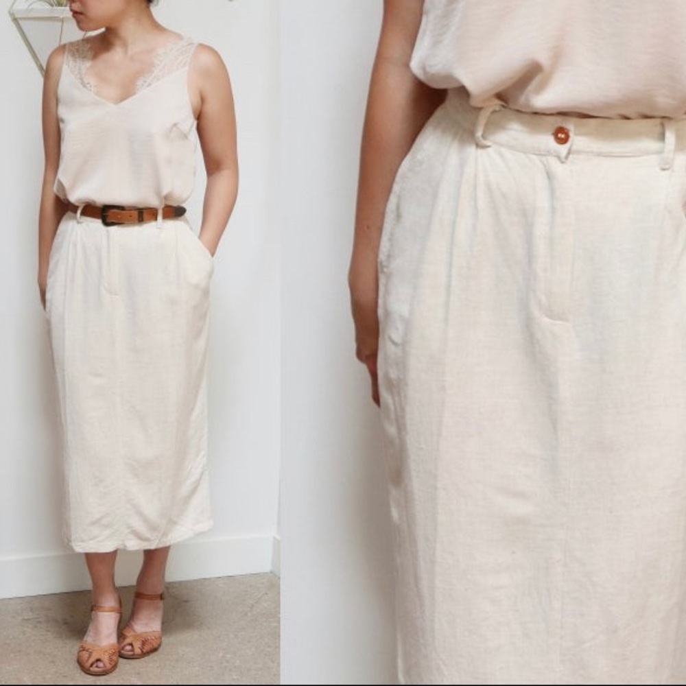 Vintage 70s Linen Longline Pencil Skirt VTG